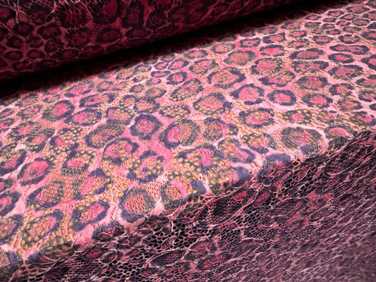 Stretch lace dress fabric with scalloped selvedge, per metre - cheetah animal print - fuchsia pink