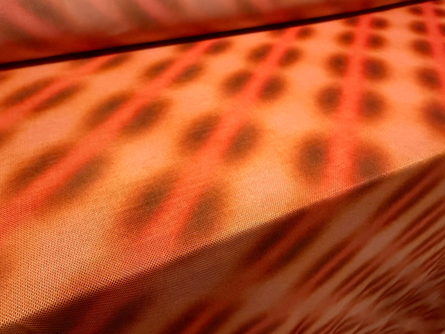 Power mesh net stretch spandex fabric, per metre - airbrushed abstract print - orange & peach