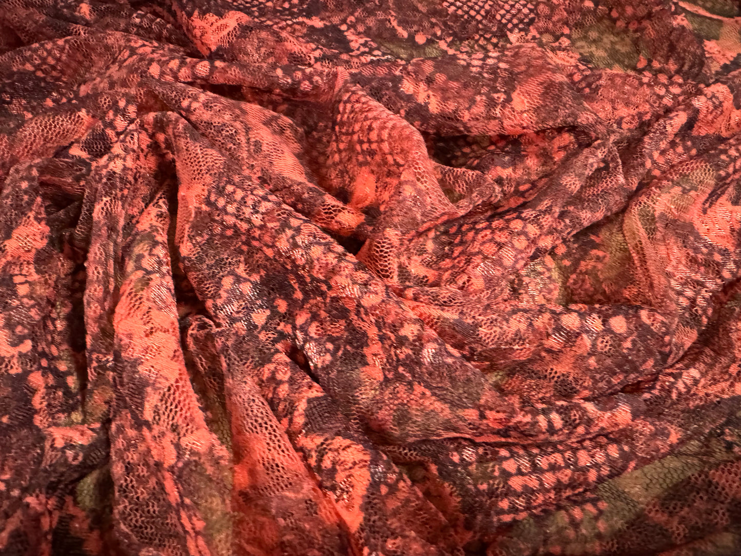 Stretch spandex mesh lace fabric, per metre - snakeskin animal print - coral pink