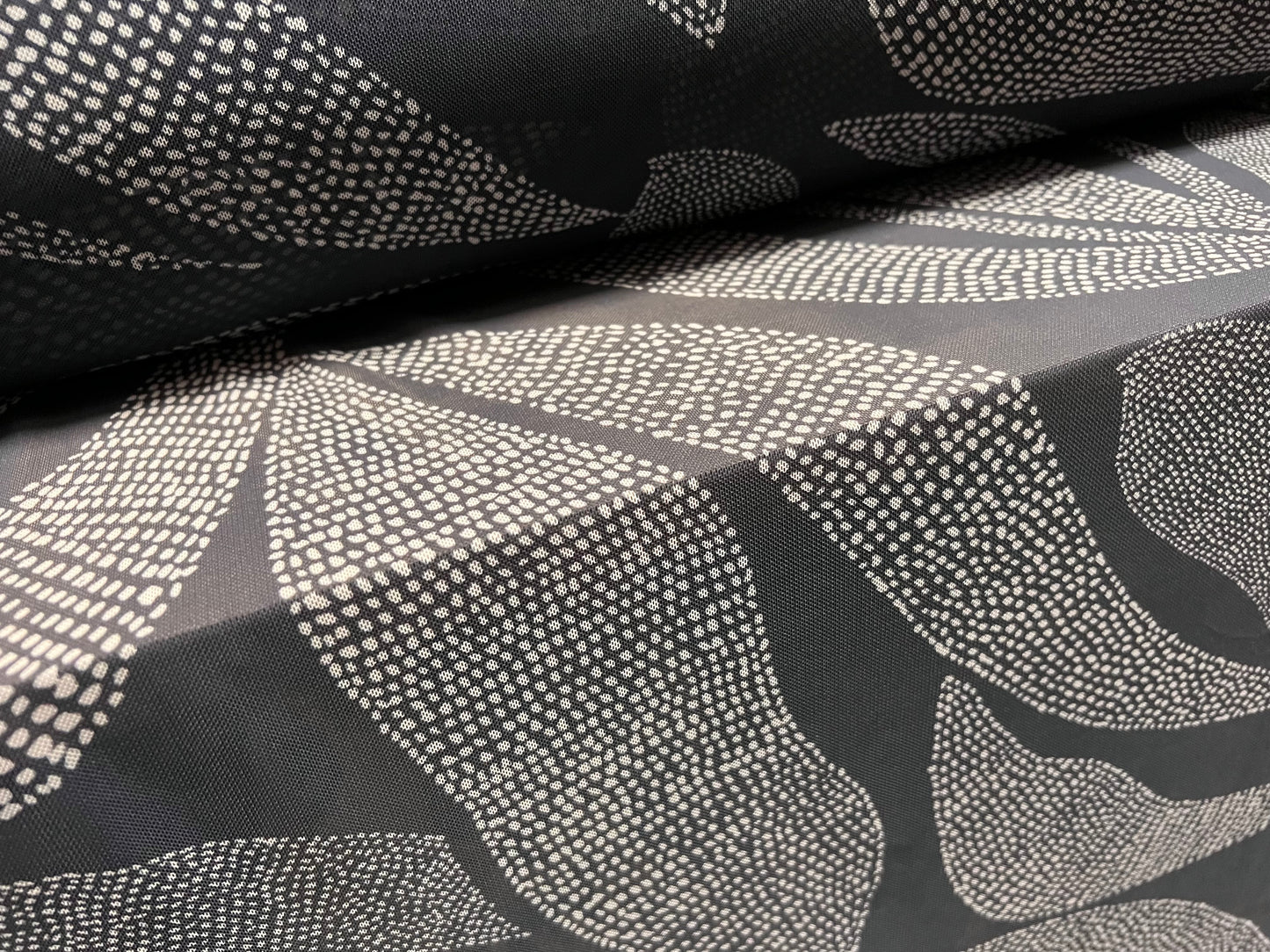 Power mesh net sheer stretch spandex fabric, per metre - stylised leaf print - grey