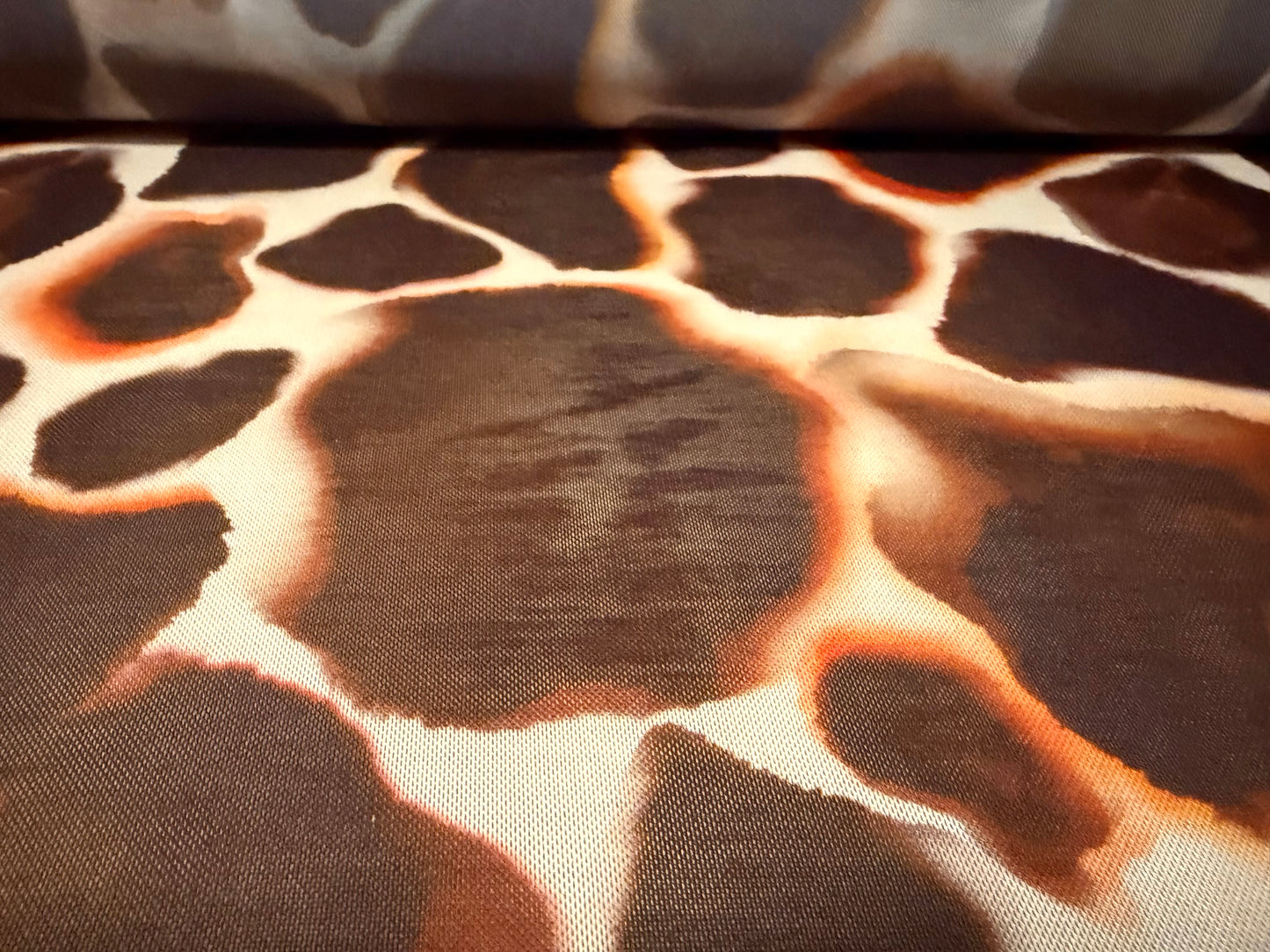 Power mesh net stretch spandex fabric, per metre - giraffe print - brown orange & cream