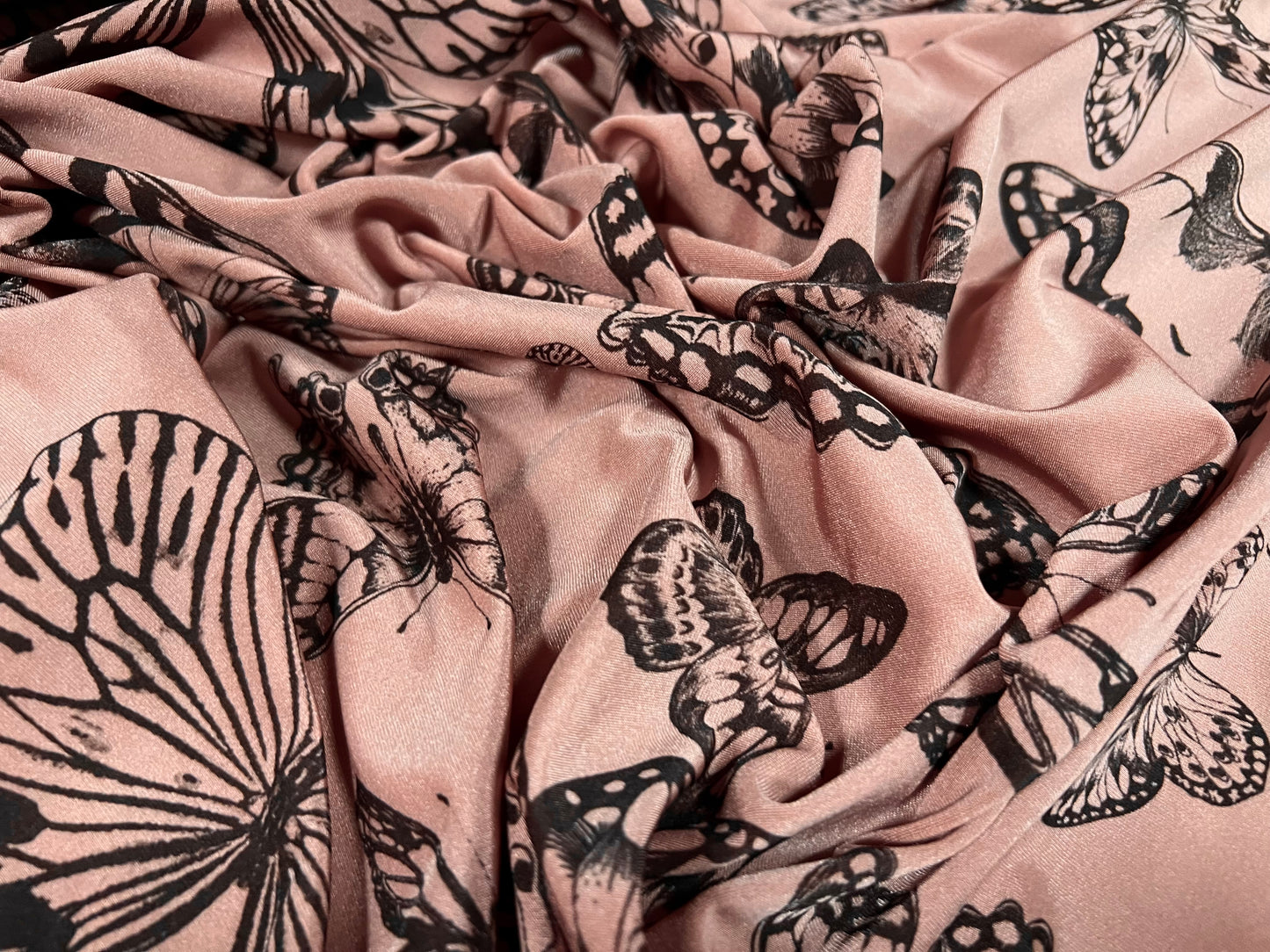 Swimwear stretch spandex jersey fabric, per metre - butterflies print - dusky pink