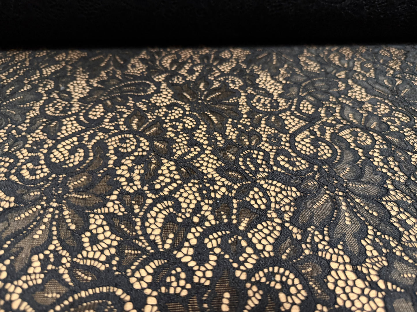 Stretch spandex lace dress fabric with scalloped selvedges, per metre - floral - black