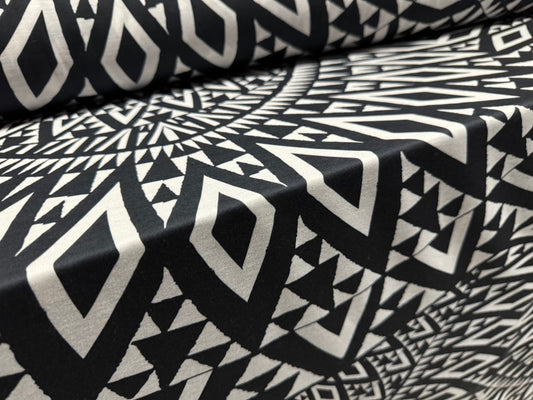 Soft handle single jersey fashion fabric, per metre - tribal tattoo print - black & white