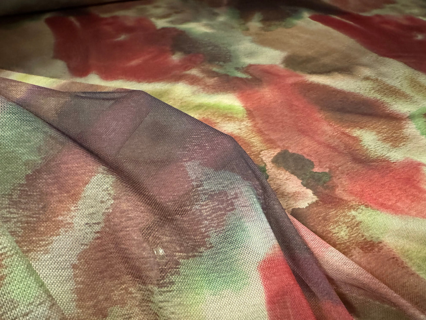 Power mesh net stretch spandex fabric, per metre - abstract print - wine & green