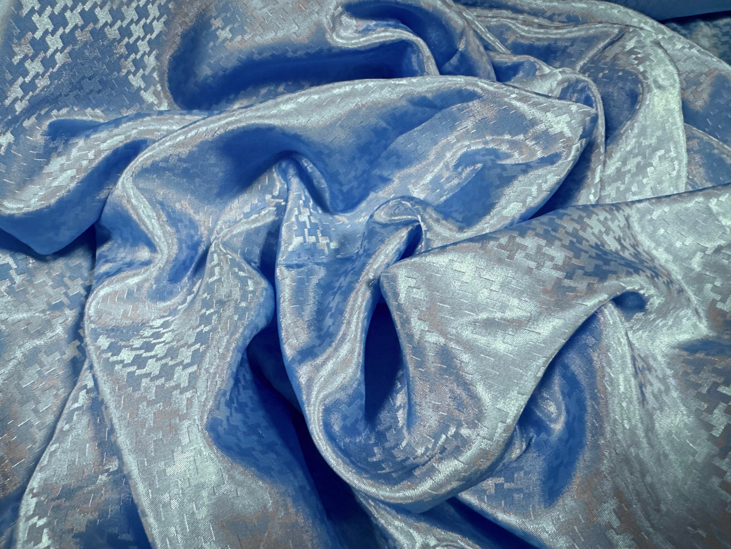 Silky satin woven fabric, per metre - dogtooth jacquard - sky blue