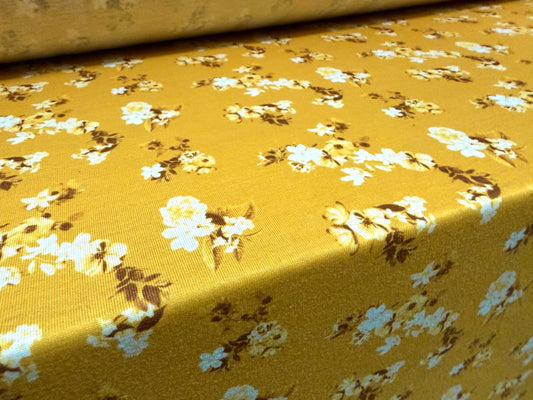 Stretch soft handle jersey fabric, per metre - floral print - mustard
