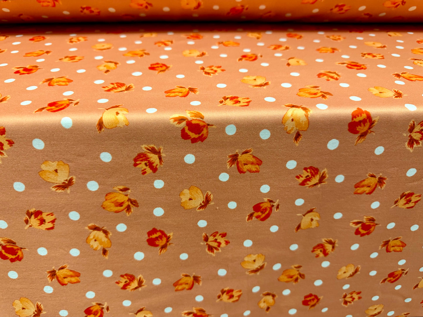 Scuba stretch spandex double jersey dress fabric, per metre - rose buds and polka dots print - dirty peach
