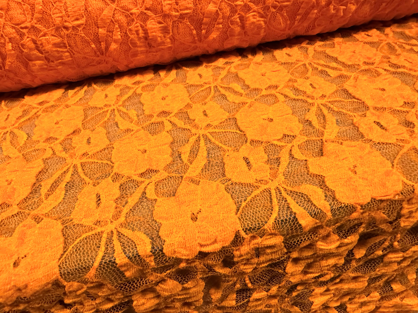 Stretch spandex blister lace net fabric, per metre - floral pattern - orange