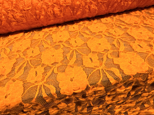 Stretch spandex blister lace net fabric, per metre - floral pattern - orange