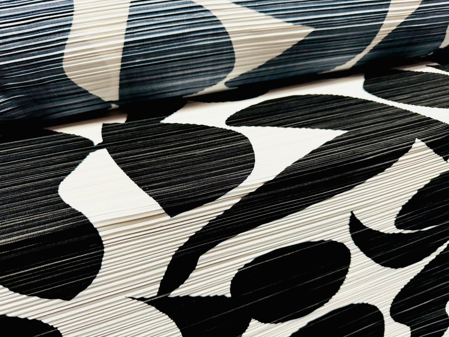 Plissé pleated satin dress fabric, per metre - boho shapes print - black & white