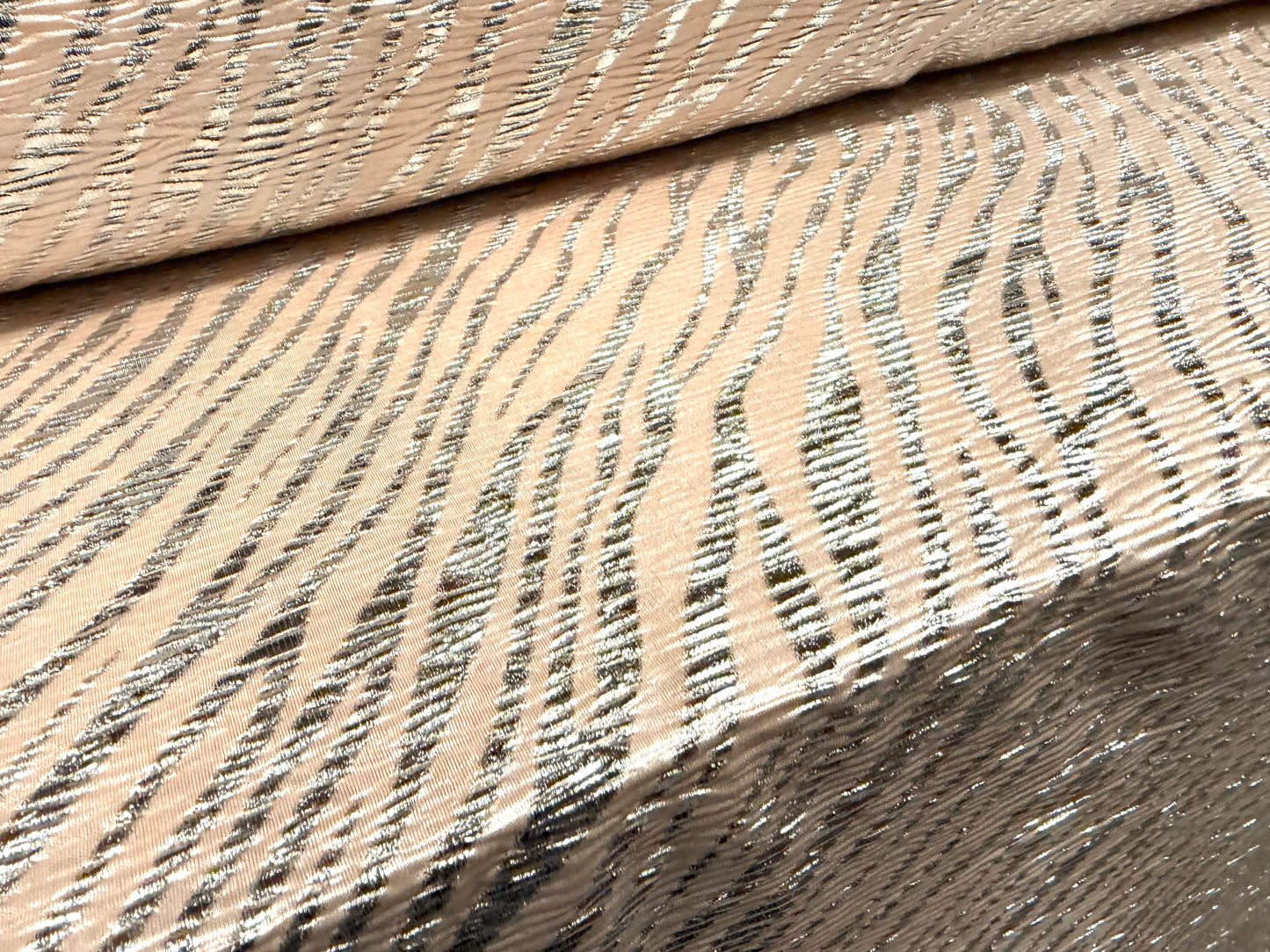 Metallic bodre satin jersey fabric, per metre - zebra print - blush & silver