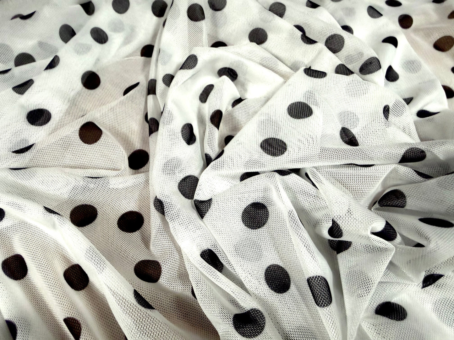 Power mesh net stretch spandex fabric, per metre - polka dot print - white & black