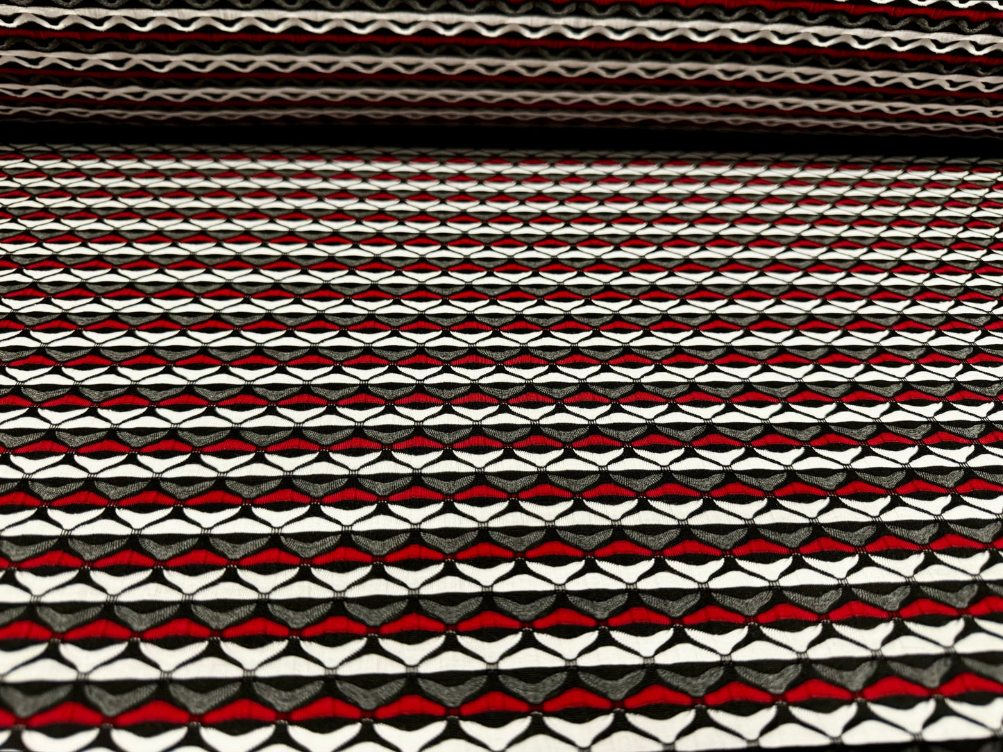 Stretch spandex double jersey fabric, per metre - geometric stripe jacquard - red white & grey