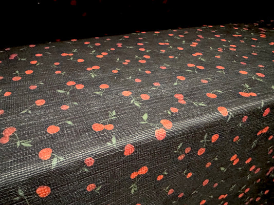 Chenille soft furnishing upholstery fabric, per metre - cherry print - black & red