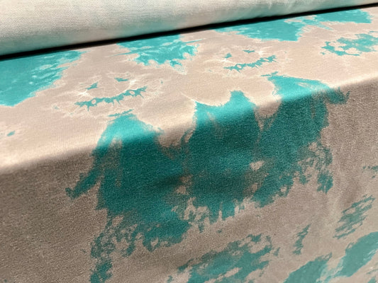 French Terry loopback sweatshirt jersey fabric, per metre - tie dye print - turquoise & grey