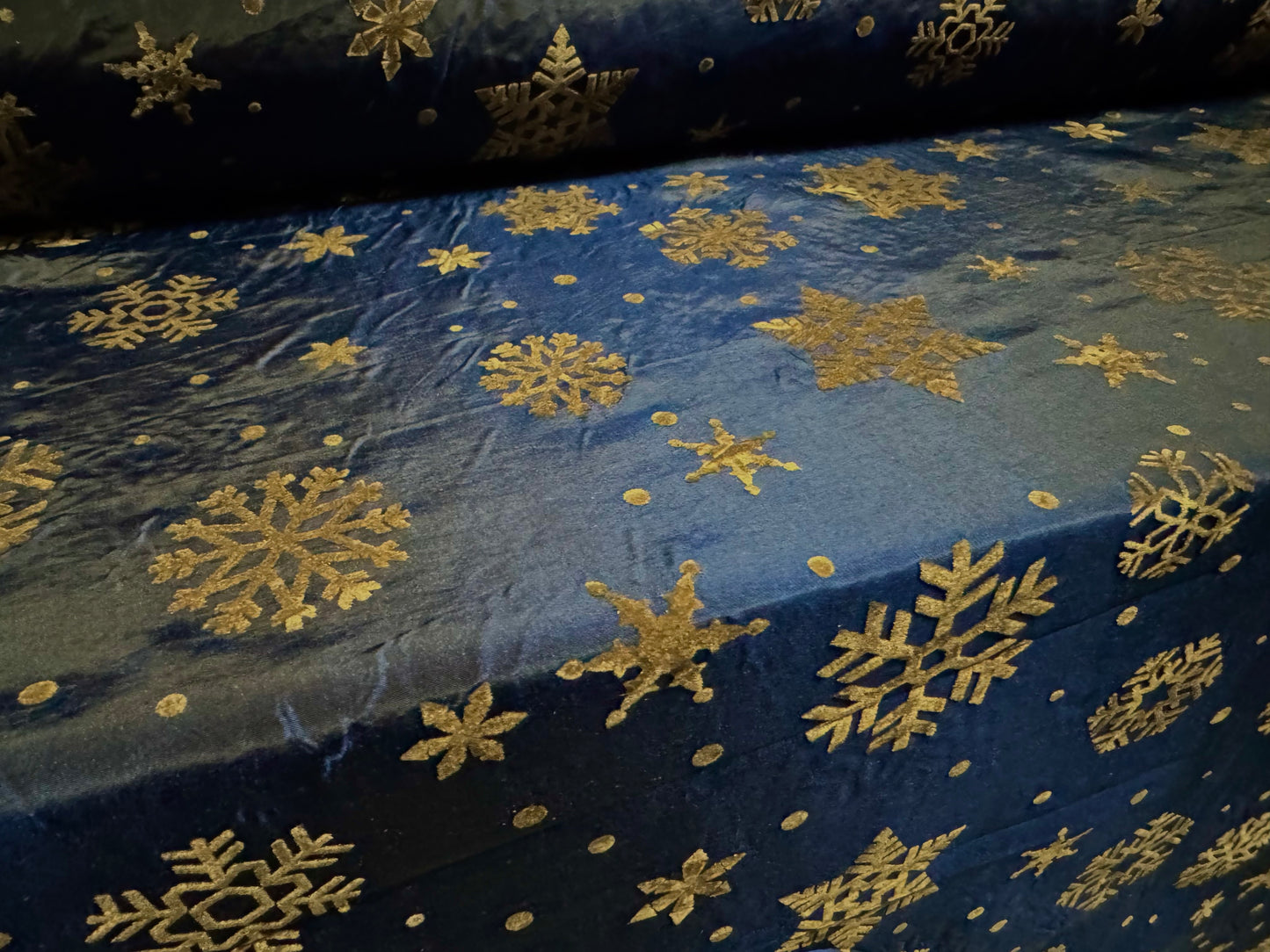 Taffeta faux silk fabric - flocked snowflake print - navy blue & brown