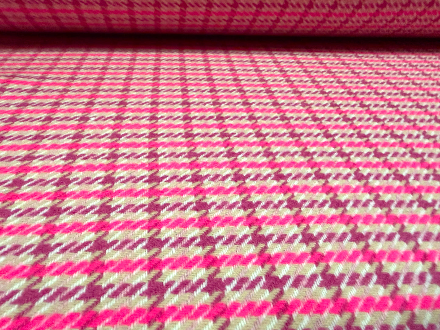 Heavyweight wool flannel brushed coat jacket fabric, per metre - dogtooth check - pink