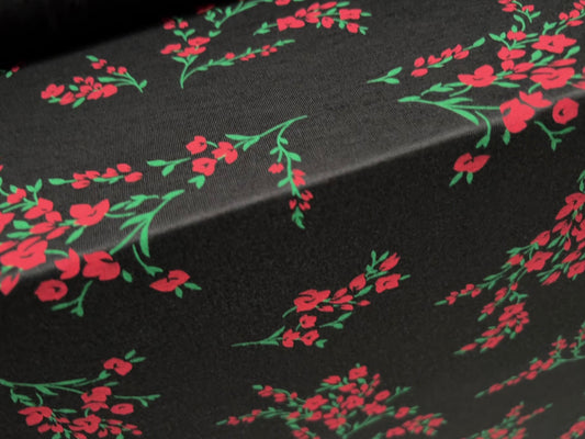 Viscose spandex stretch single jersey fabric, per metre - flower bouquet print - black & red