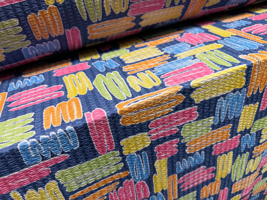 Double jersey jacquard stretch spandex fabric, per metre - squiggle print - multicolour