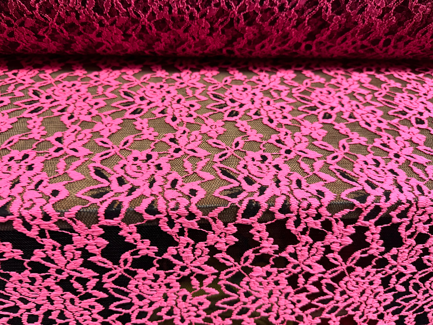 Embroidered stretch lace fabric with scalloped selvedge, per metre - floral - fluorescent pink