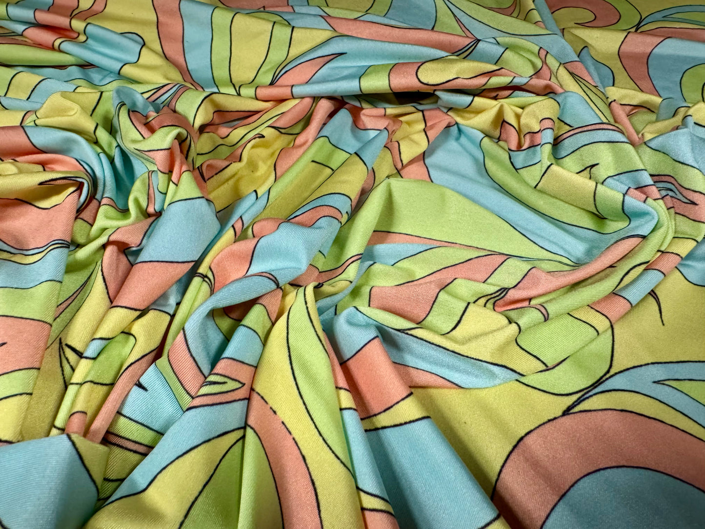 Soft touch stretch spandex single jersey fabric, per metre - Boho swirl print - lime