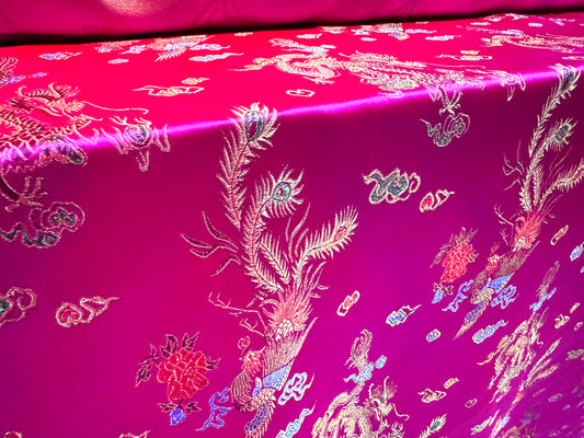 Satin brocade fabric, per metre - Oriental Dragons design - cerise pink & gold