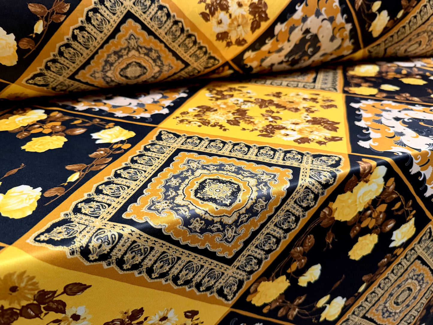 Single jersey fashion fabric, per metre - paisley floral collage print - gold & black