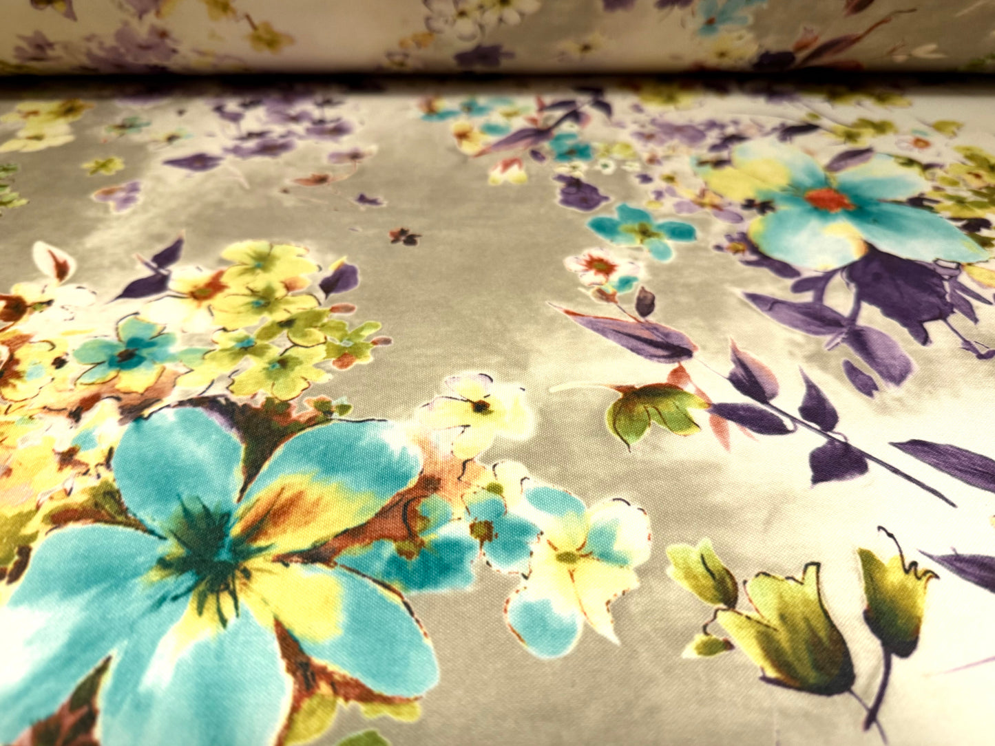 Scuba stretch spandex double jersey dress fabric, per metre - floral print - sage cream & turquoise