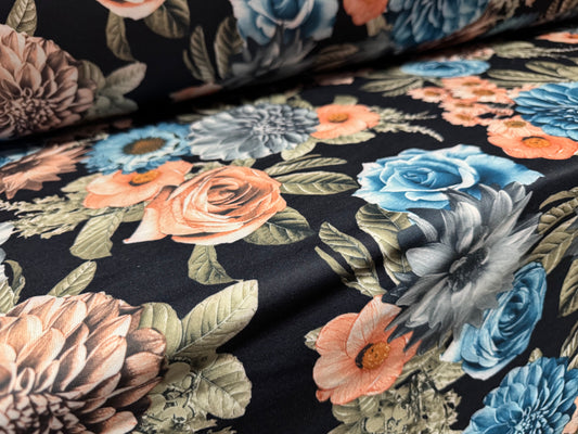 Piqué double jersey fabric, per metre - roses and carnations - black turquoise & pink
