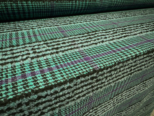 Heavyweight wool bouclé fabric, per metre - plaid - mint green & purple