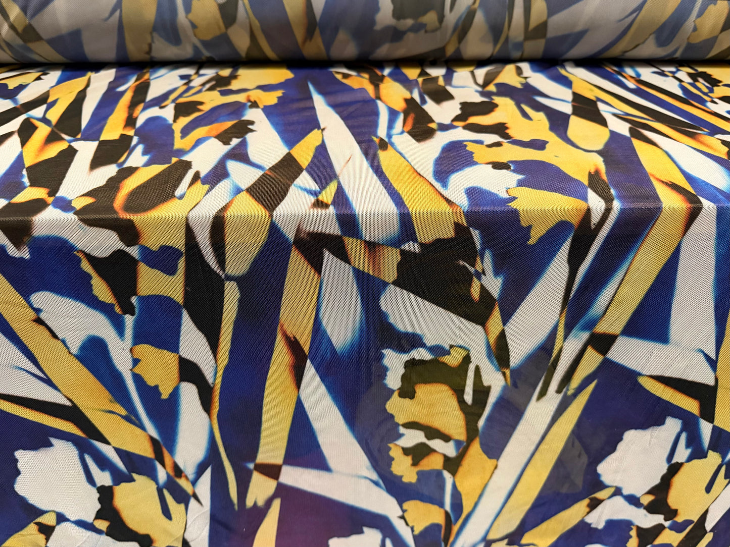 Power mesh net stretch spandex fabric, per metre - distressed tiger print - cobalt blue & gold