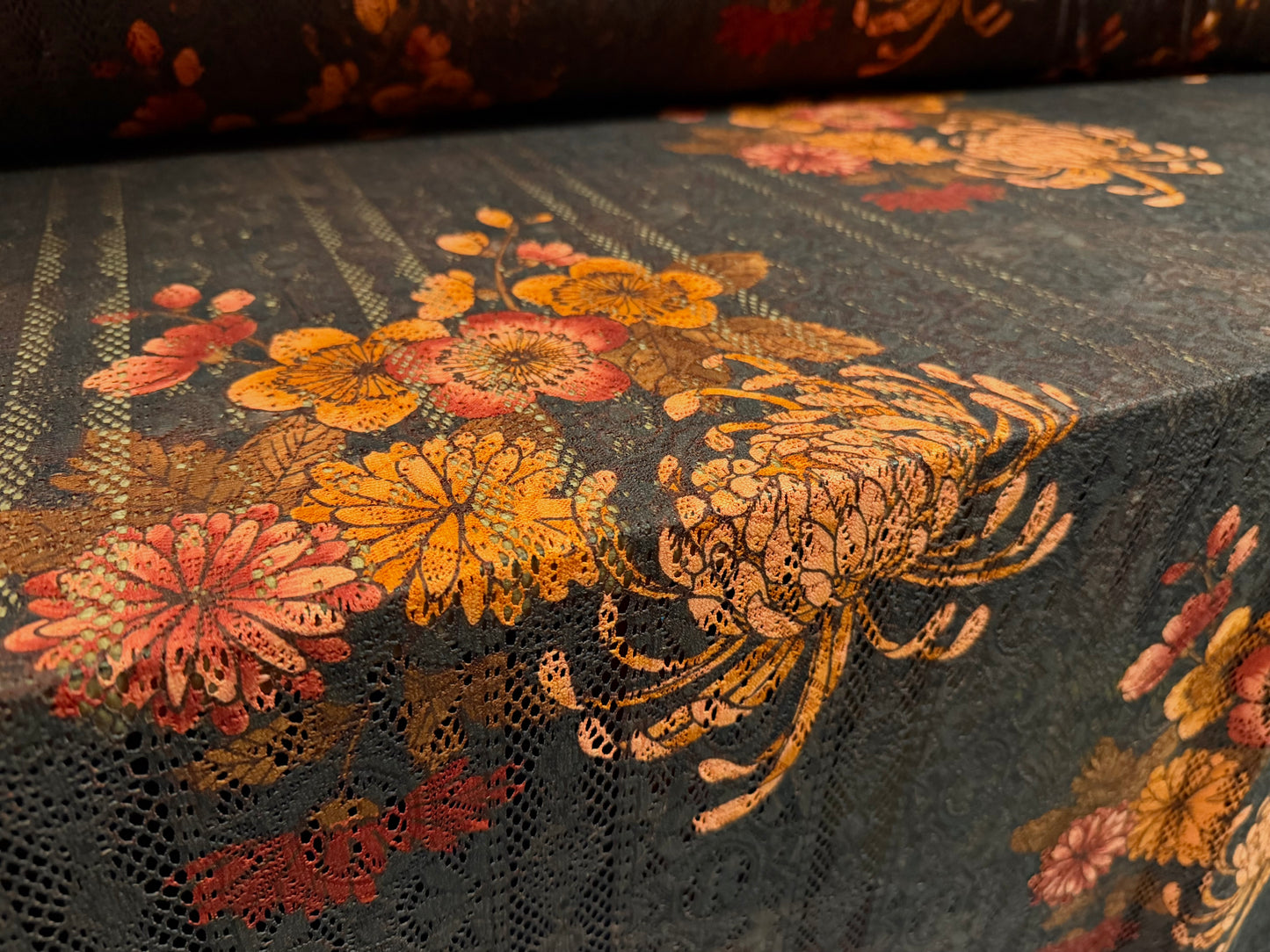 Soft handle crochet lace knit fabric, per metre - Asian Chrysanthemum print - ebony & peach