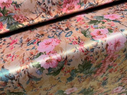 Silky Satin woven dress fabric, per metre - flower print - old gold & pink