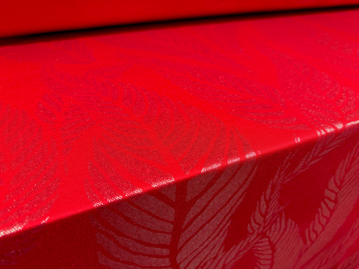 Metallic viscose spandex stretch jersey fabric, per metre - leaf print - red & silver