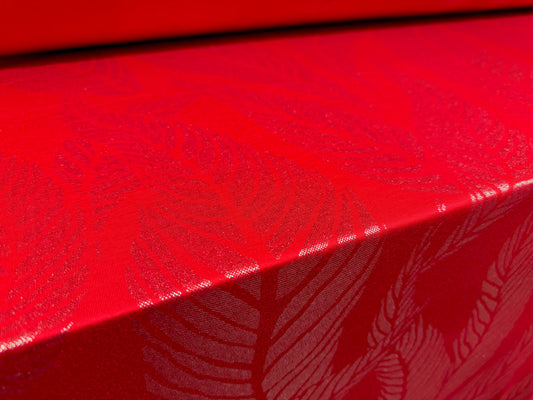 Metallic viscose spandex stretch jersey fabric, per metre - leaf print - red & silver