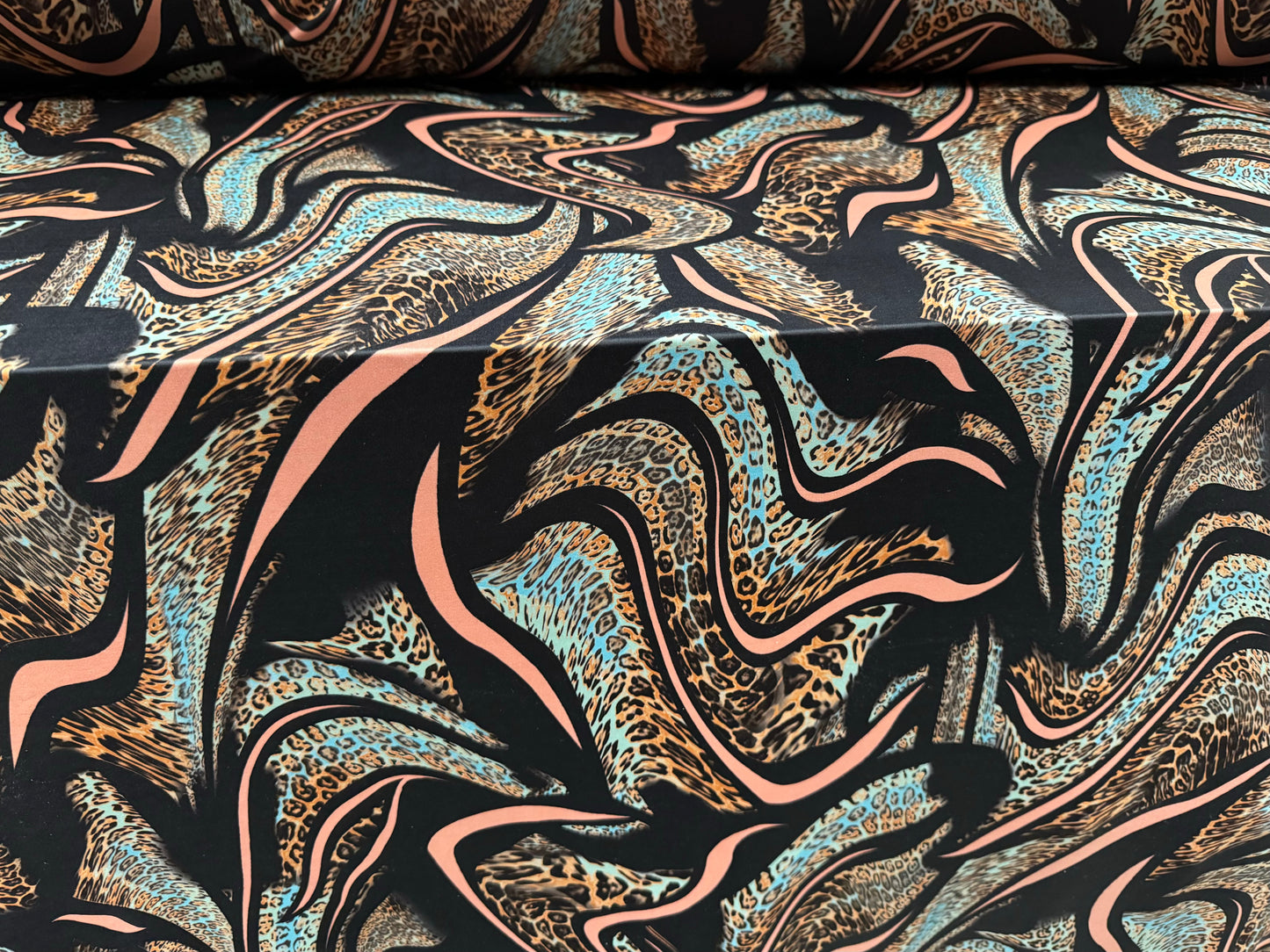 Soft touch stretch spandex single jersey fabric, per metre - leopardskin swirl print - black pink & aqua