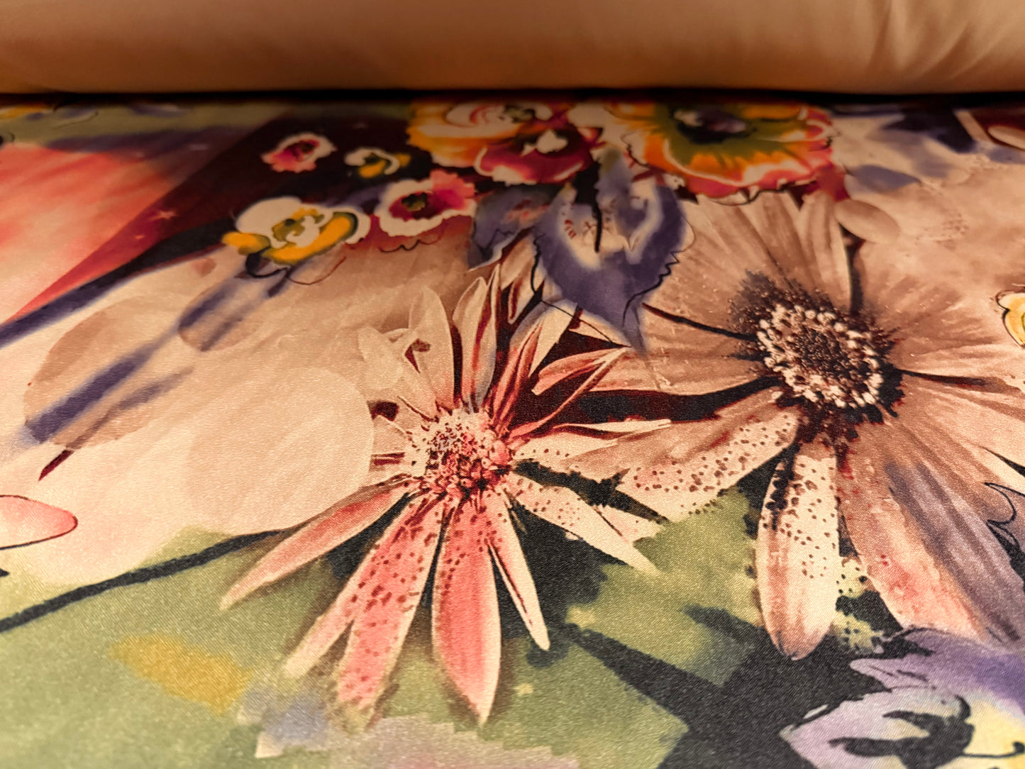 Stretch sateen woven fashion fabric, per metre - floral print - purple pink & light brown