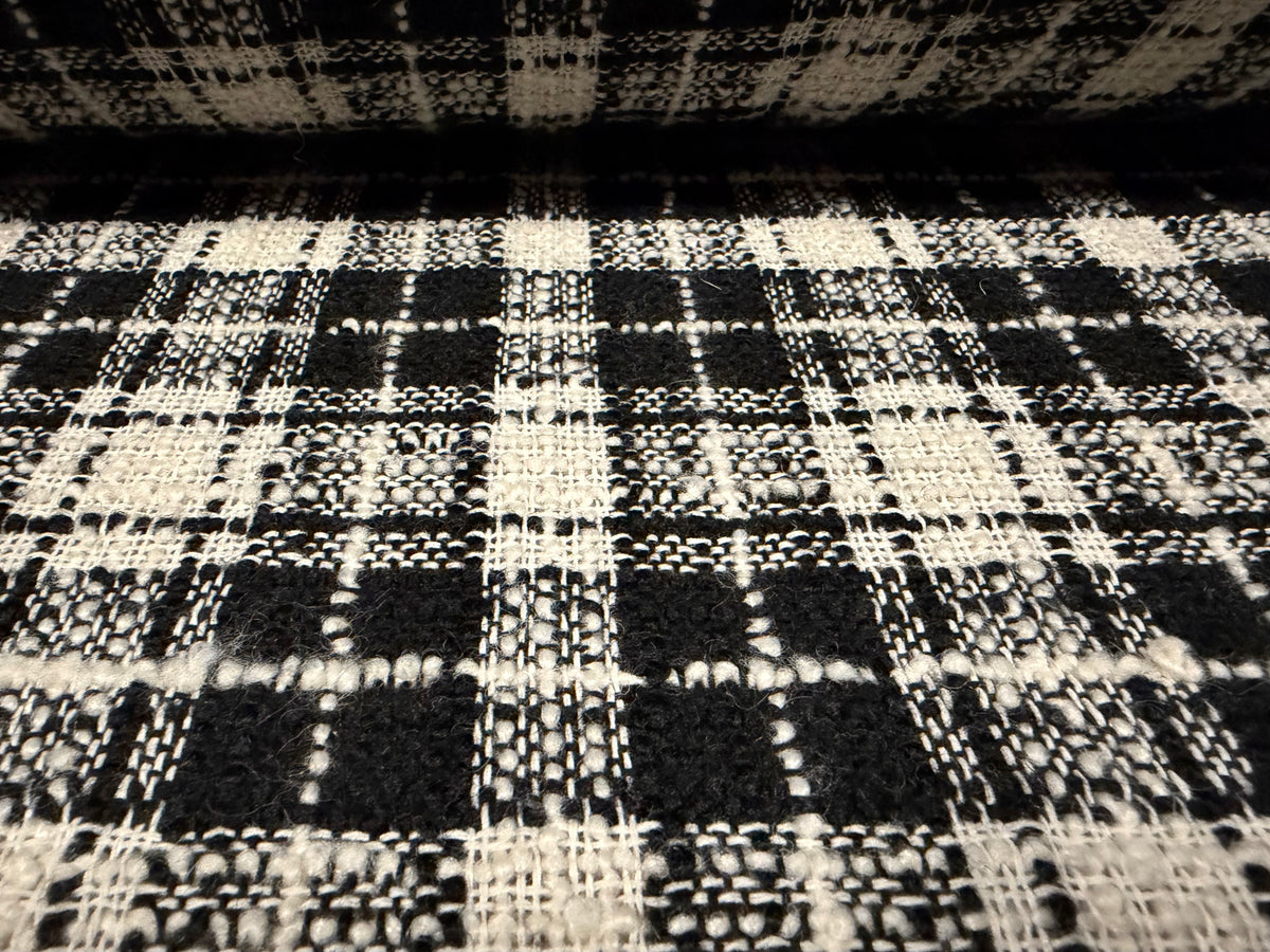 Heavyweight wool bouclé fabric, per metre - check - black & ivory