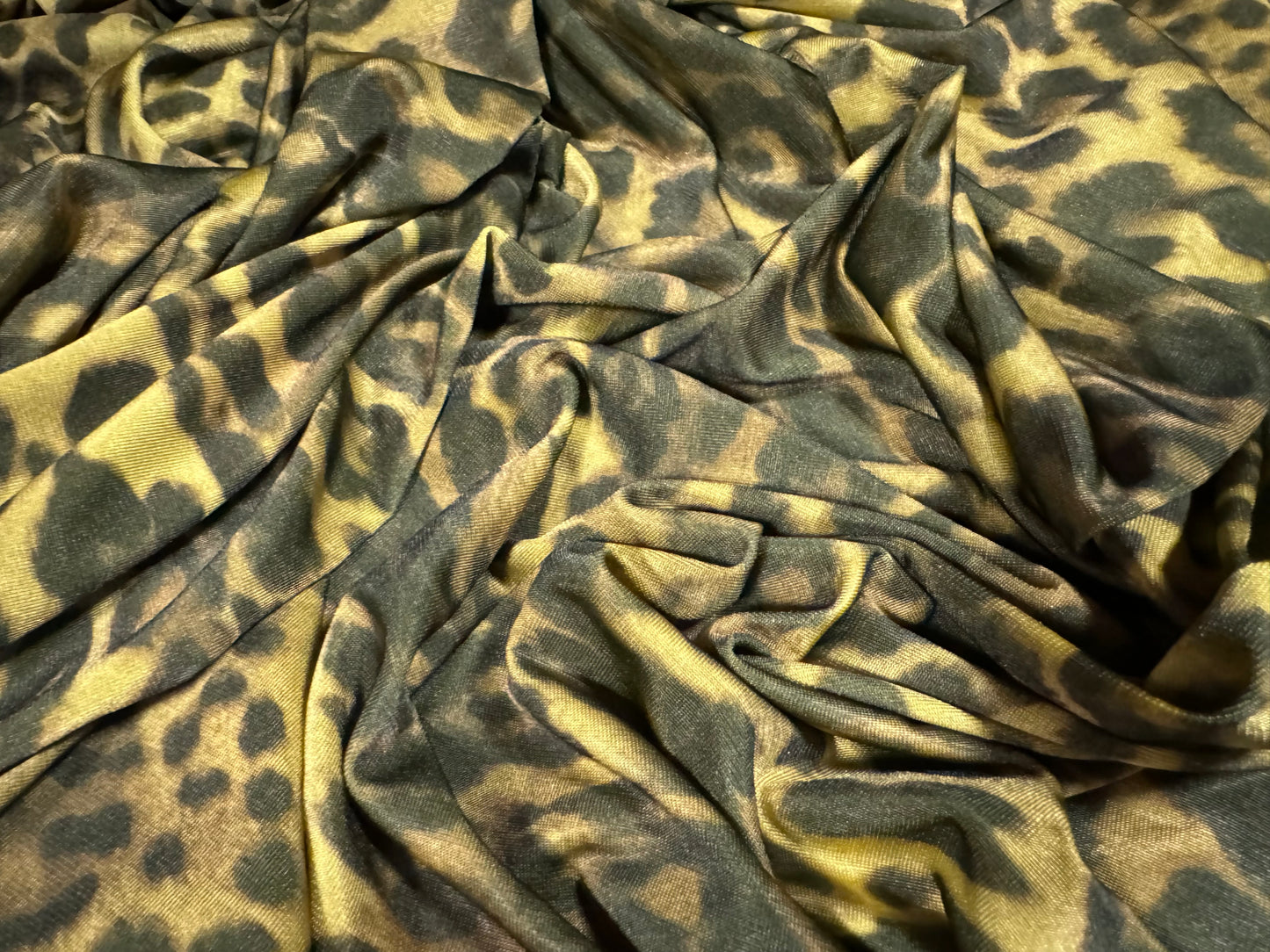 Soft touch stretch spandex single jersey fabric, per metre - leopard animal print - gold