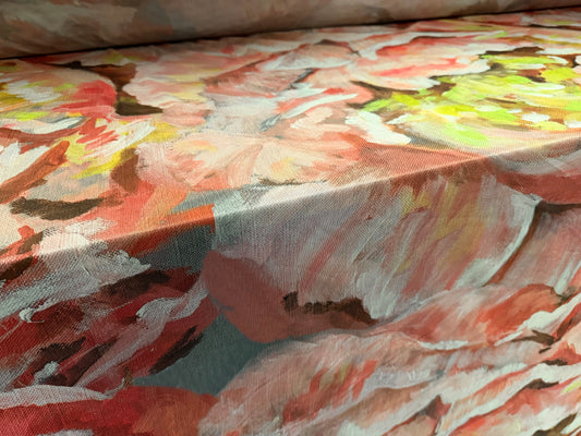 Power mesh net stretch spandex fabric, per metre - impressionist print - pink & green