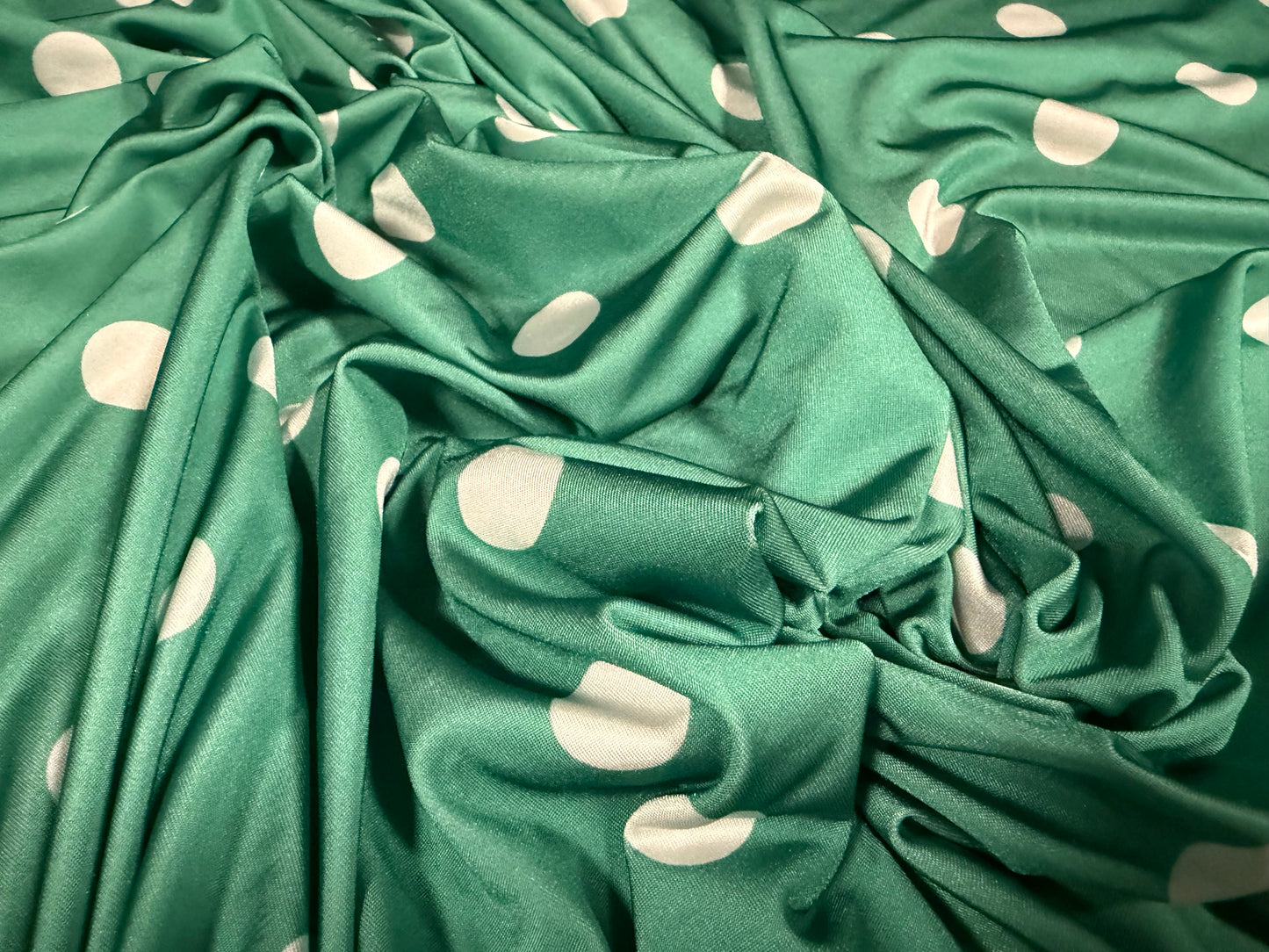 Stretch spandex single jersey fashion fabric, per metre - polka dot print - green & white