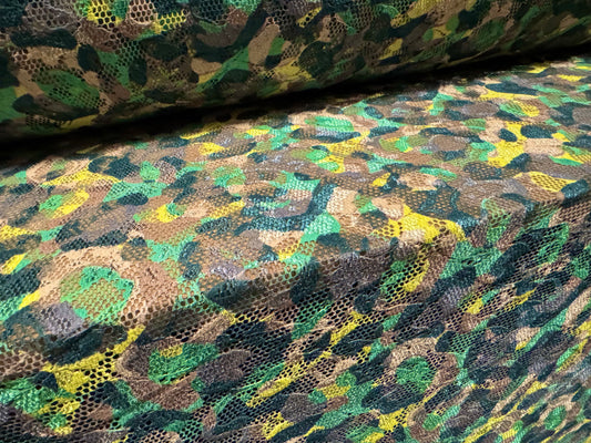 Stretch spandex lace fabric, per metre - stylised animal print - green & yellow