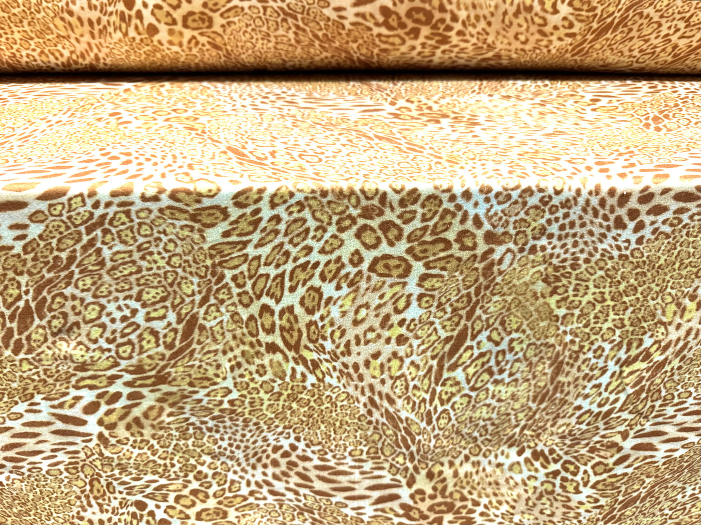 Stretch spandex interlock jersey fabric, per metre - stylised leopard animal print - gold & cream