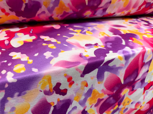 Soft handle single jersey fabric, per metre - inkwash petals print - purple & pink