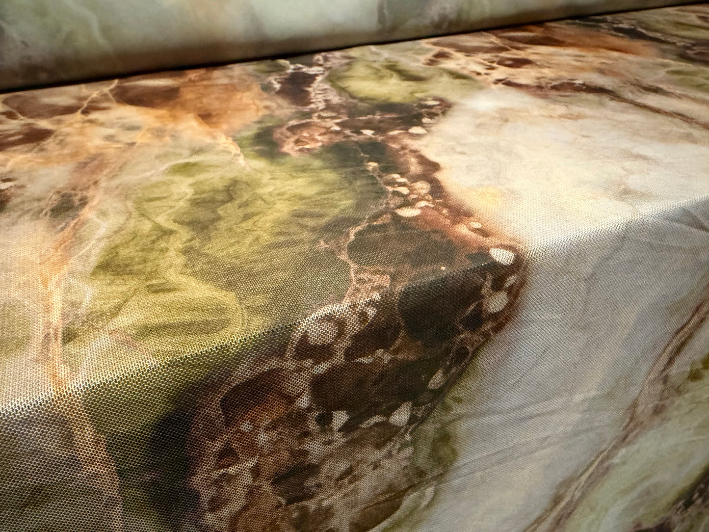 Power mesh net stretch spandex fabric, per metre - quartz print - green & brown