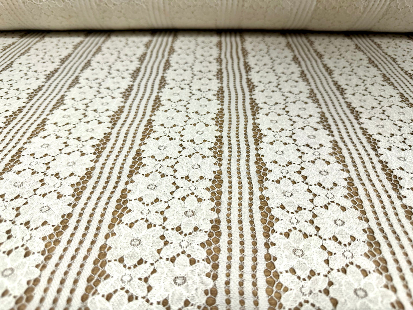 Corded lace dress fabric, per metre - floral stripe - cream