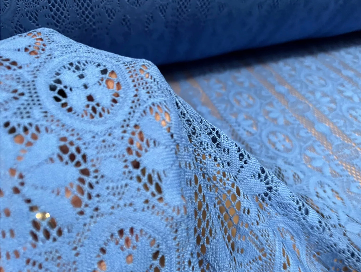 Soft handle crochet lace knit fabric, per metre - blue