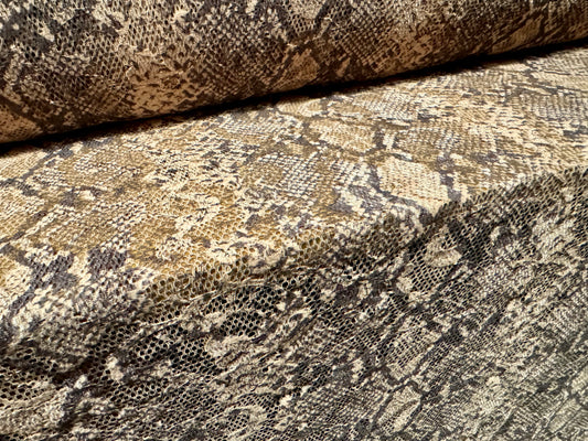 Stretch spandex lace fabric, per metre - snakeskin animal print - nude & grey