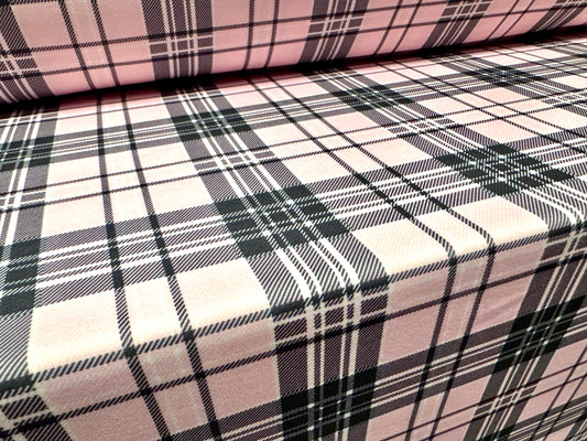 Scuba stretch spandex double jersey dress fabric, per metre - tartan check print - grey & pink